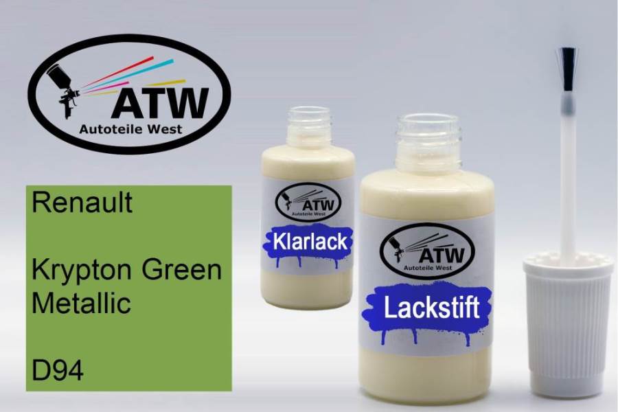 Renault, Krypton Green Metallic, D94: 20ml Lackstift + 20ml Klarlack - Set, von ATW Autoteile West.